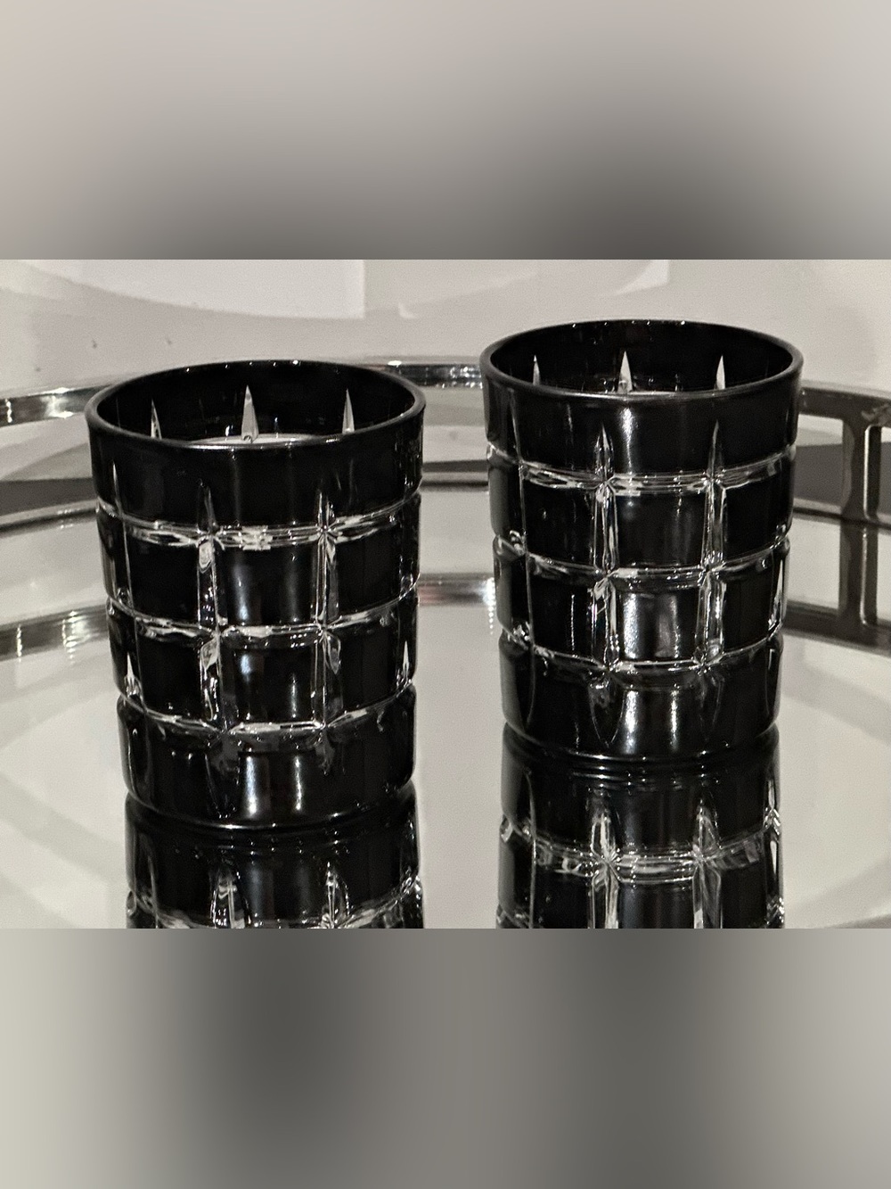 2 NEW CRYSTAL & BLACK ART DECO DRINKS TUMBLERS BAR BARWARE GLASSES